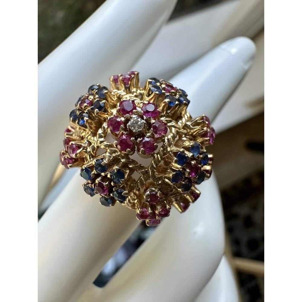 VTG Cocktail Ring Size 6.25 Floral Diamond Sapphire Ruby 18k Yellow‎ Gold 10.9g